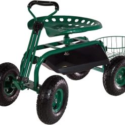 Sunnydaze Garden Cart Rolling Scooter with Extendable Steer Handle?? Swivel Seat and Utility Tool Tray?? Green