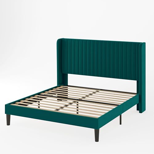 Allewie Queen Size Velvet Bed Frame/Vertical Channel Tufted Wingback Headboard/Upholstered Platform Bed/Strong Wooden Slats/No Box Spring Needed/Easy Assembly/Black - Image 32