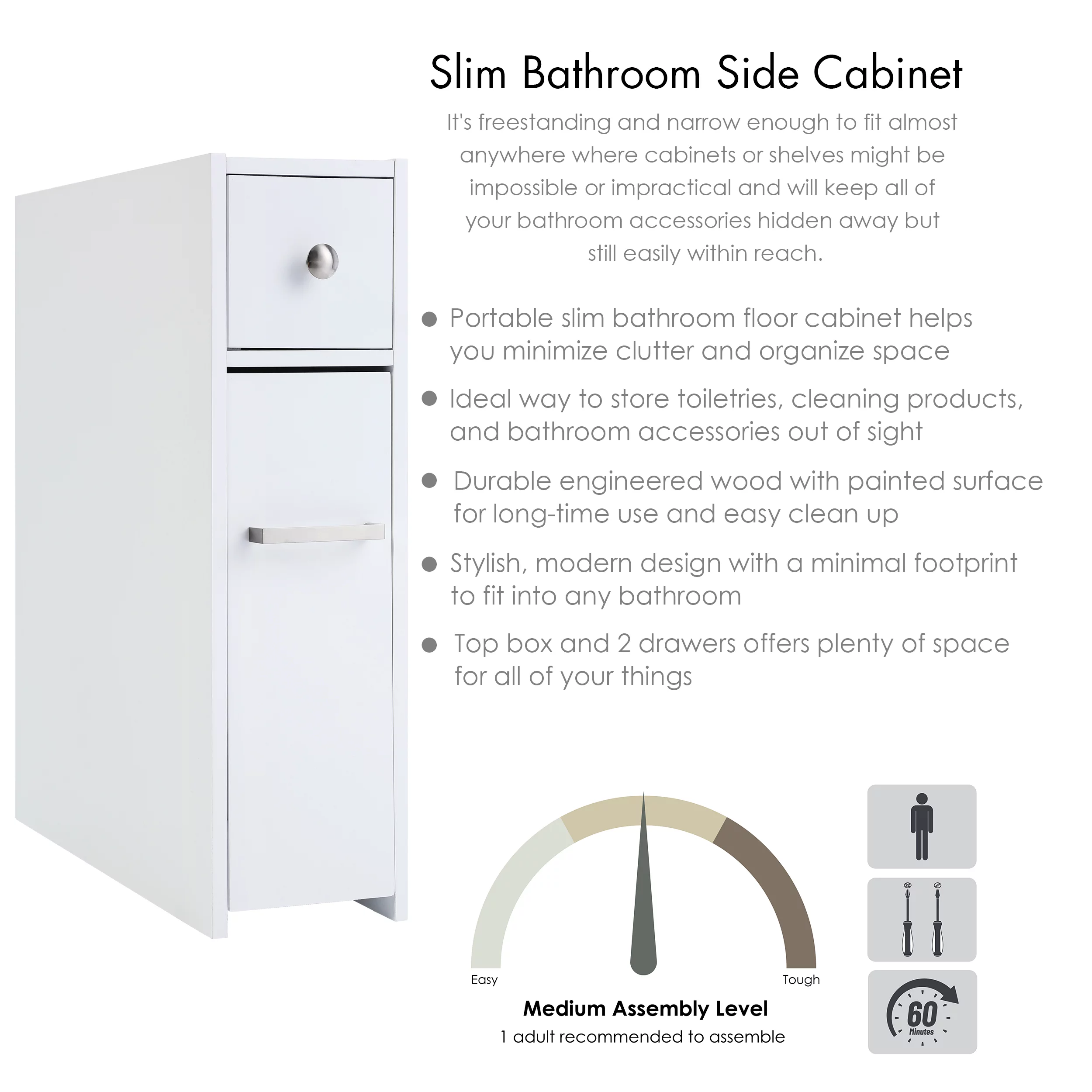 Spirich Home Slim Bathroom Storage Cabinet, Free Standing Toilet Paper Holder, Bathroom Cabinet Slide Out Drawer Storage,White - Image 5