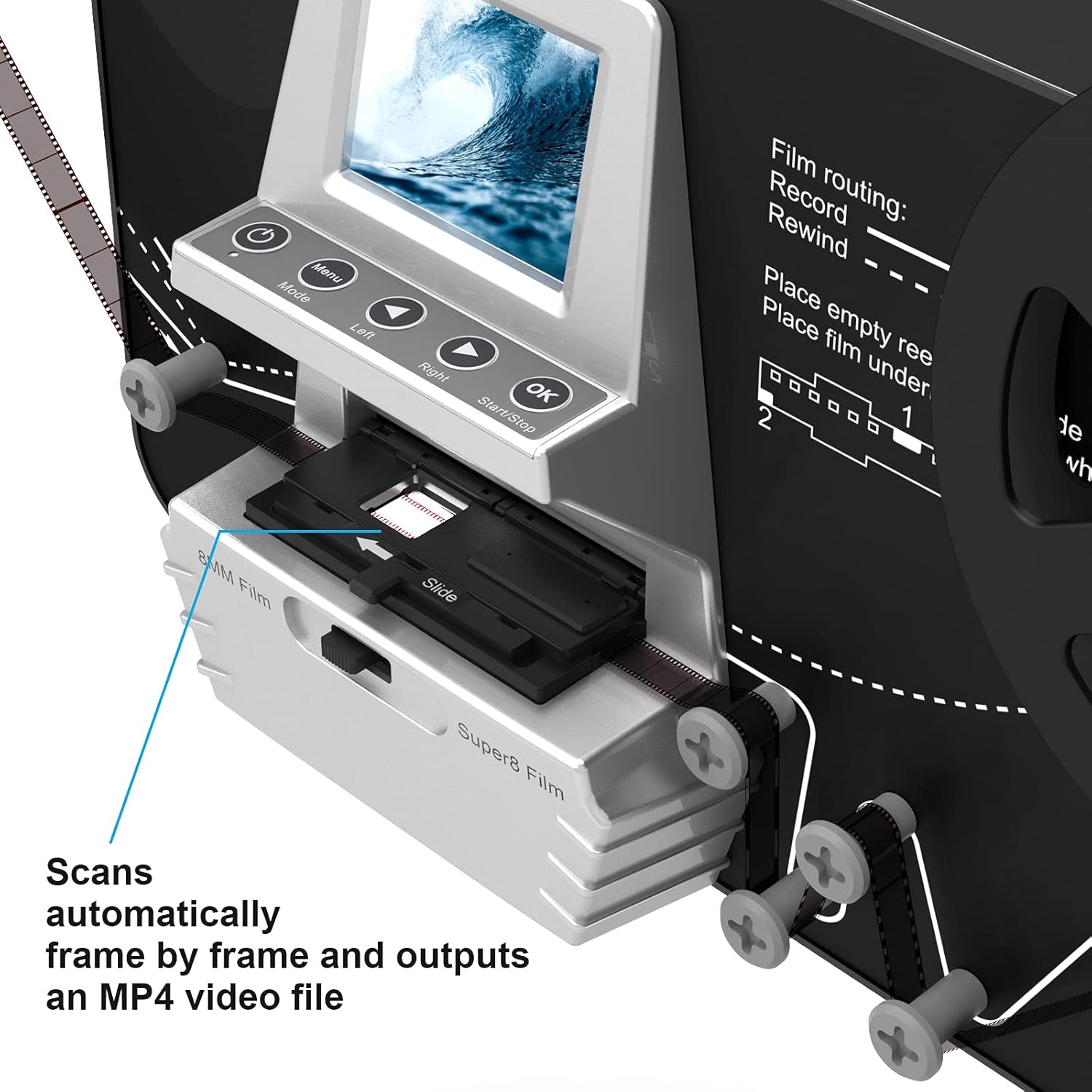 8mm & Super 8 Reels to Digital MovieMaker Film Sanner Converter, Pro Film Digitizer Machine with 2.4 LCD, Convert 5 inch and 8 inch 8mm Super 8 Film reels into 1080P Digital Videos - Image 4
