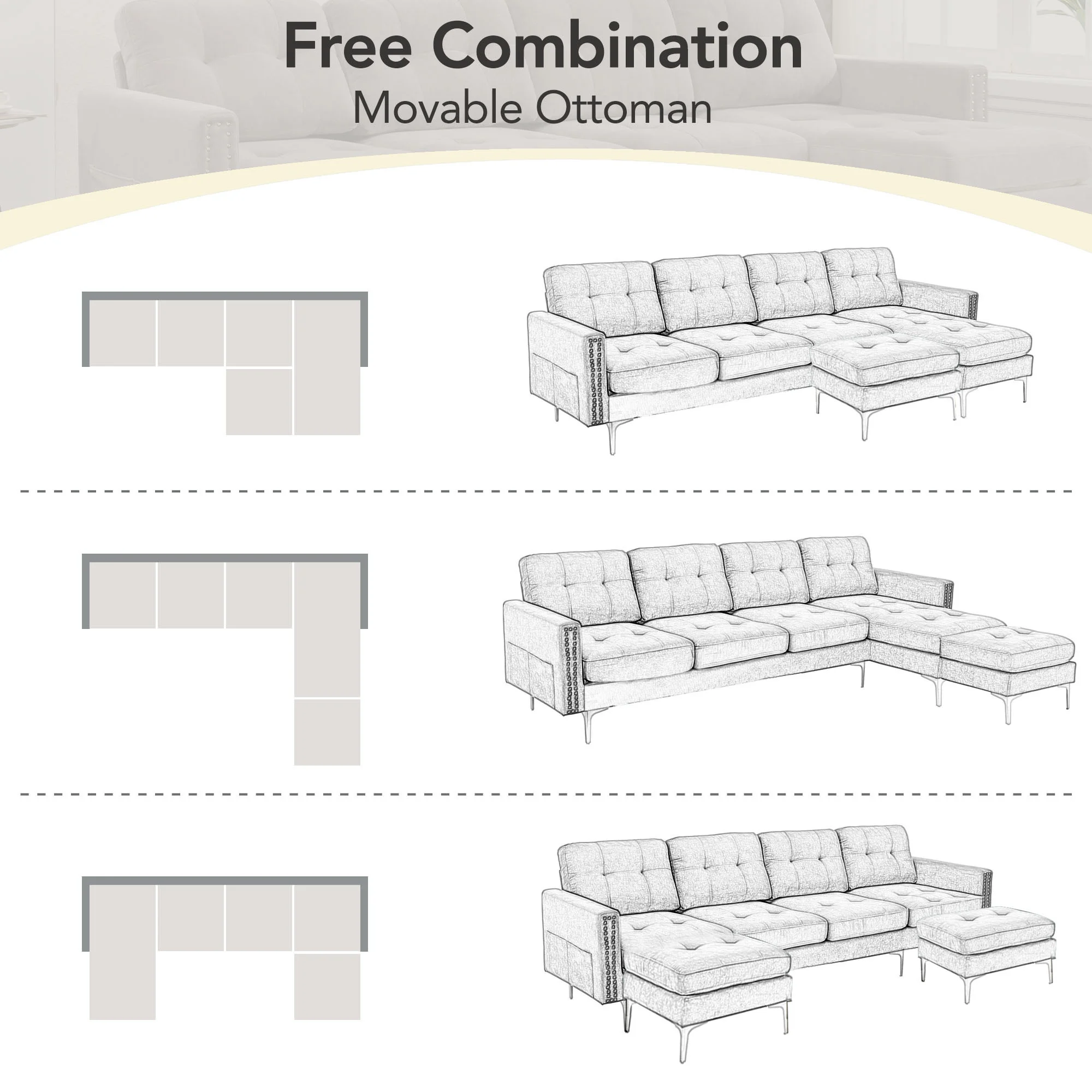 Soges U-Shaped Sectional Sofa with Ottoman, Convertible Couch for Living Room, 5 Seater Sofa, Gray, 110×54 - Image 8
