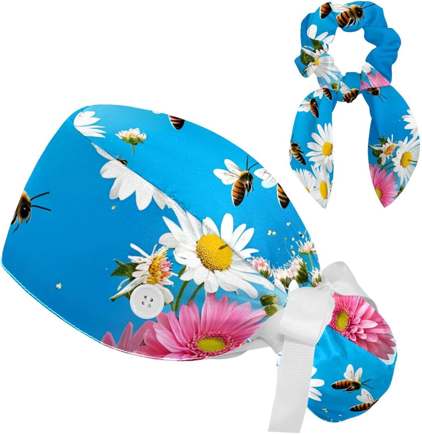 Scrub Surgical Hat,Cycling Hat with Buttons and Cotton Sweatband,Peach Blossom Spring Butterfly