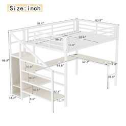 Alternative view of SOFTSEA Queen Size Metal Loft Bed with L-Shaped Desk and Wardrobe, Metal Bed Frame with USB and Adjustable Shelf, High Loft Bed with LED for Bedroom, No Box Spring Needed, White Wood Grain