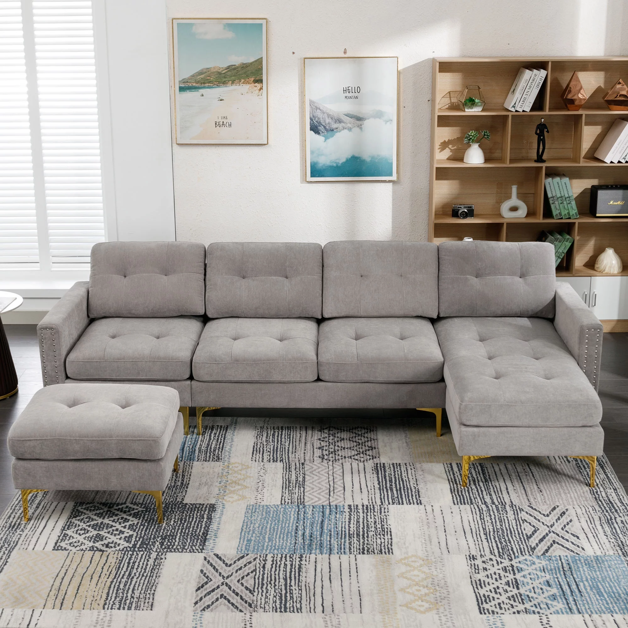 Soges U-Shaped Sectional Sofa with Ottoman, Convertible Couch for Living Room, 5 Seater Sofa, Gray, 110×54 - Image 2