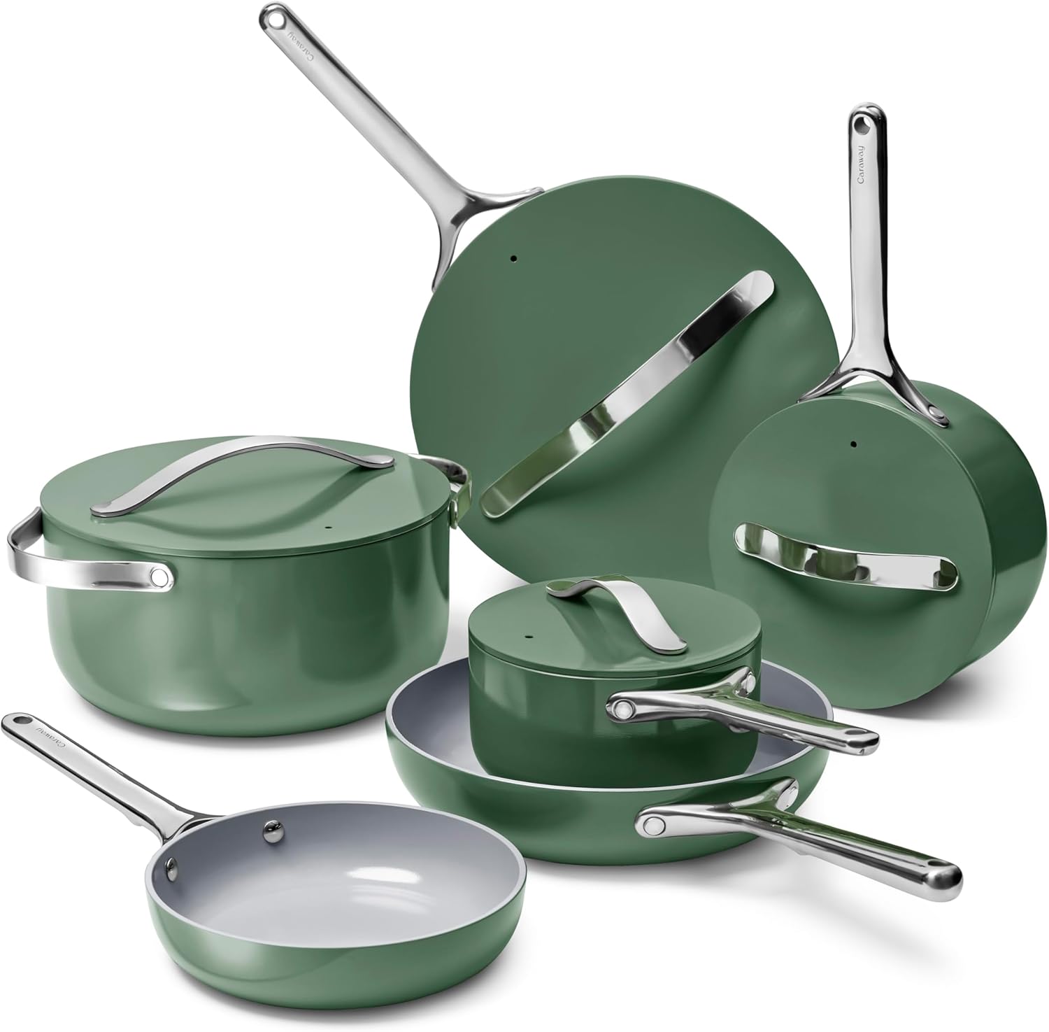 Caraway Deluxe Nonstick Ceramic Cookware Set (16 Piece) Pots, Frying Pans, Lids and Kitchen Storage – PFAS & PFOA Free – Oven Safe Ceramic Pan Set & Compatible with All Stovetops – Sage