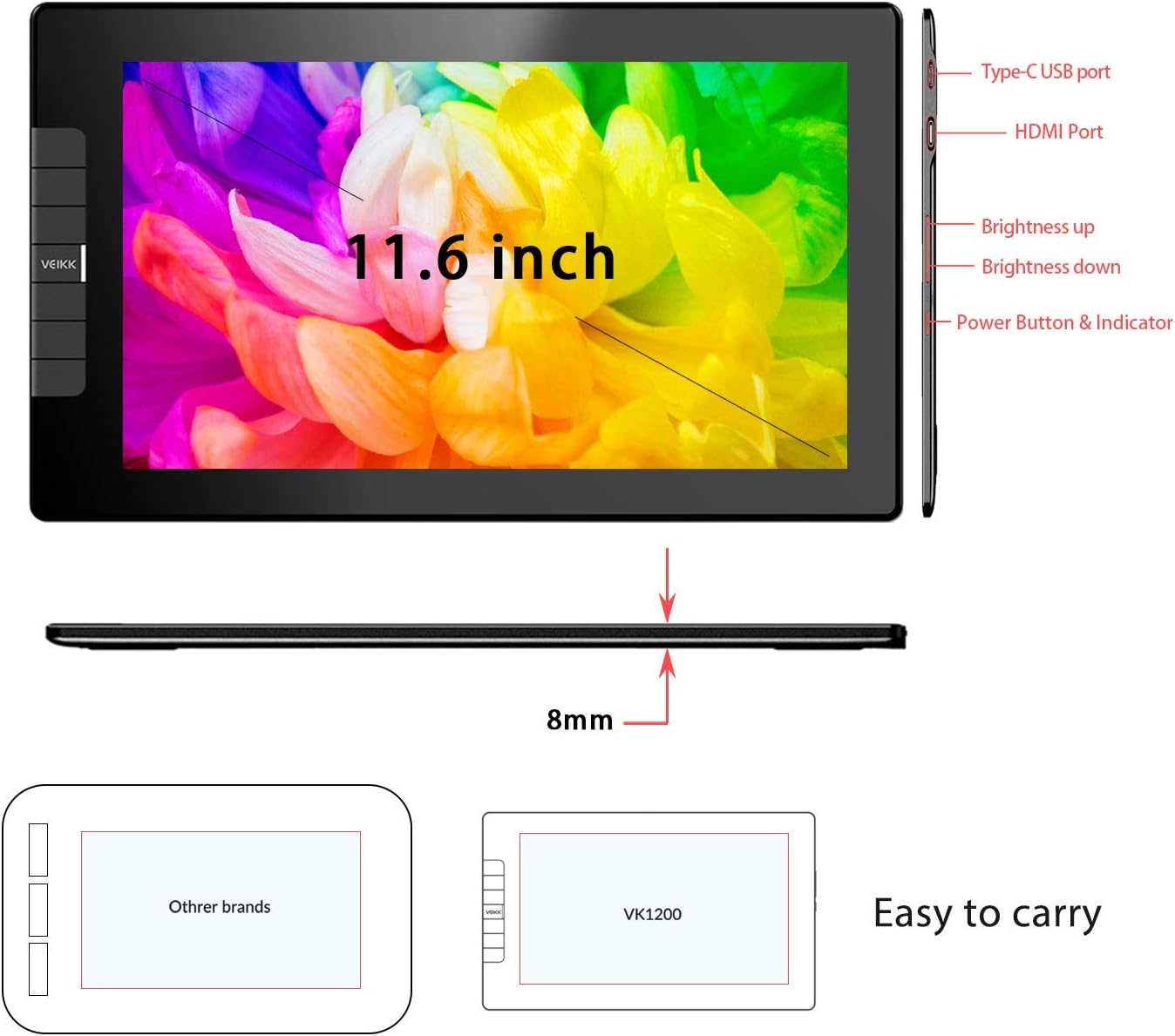 VEIKK VK1200 Drawing Tablet with Screen 11.6 inch Full-Laminated Art Tablet Graphic Tablet with Screen with Tilt Function Battery Free Stylus and 6 Shortcut Keys(8192 Levels Pen Pressure) - Image 6