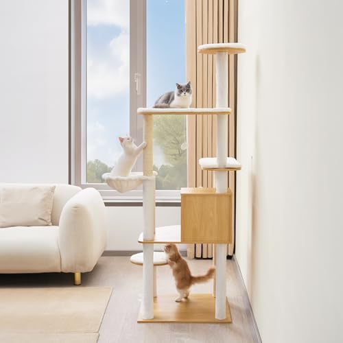 VEVOR Large Cat Tree with Litter Box Enclosure, 55.12 inches Tall, 2-in-1 Cat Tower, Multi-Level Cat Condo Furniture with Perches, Sisal Scratching Posts, Hammock, Big Kittens House for Indoor Cats - Image 17