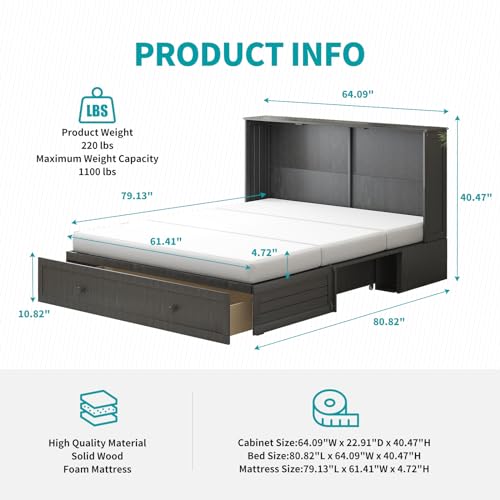 BALUS Murphy Bed Cabinet,Queen Murphy Bed with Tri-fold Mattress & USB Charging Station,Modern Wall Chest Beds with Folding Night Stand Trays and Storage Drawers for Bedroom Living Room,Grey-Blue - Image 23