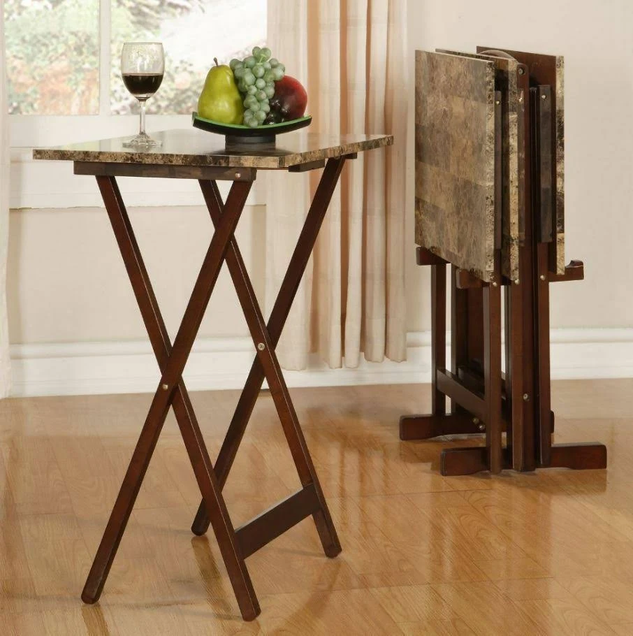 TV Tray Table 4 Piece Set with Stand – Faux Marble and Dark Brown - Image 3