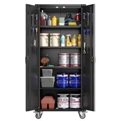 GarveeHome Garage Storage Cabinet with Wheels, 72 H Locking Metal Storage Cabinet with 2 Doors, 4 Adjustable Shelves & Door Pegboard for Garage Workshop Home Office, Black