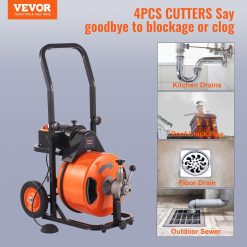 Alternative view of Drain Cleaner Machine 100FT x 1/2Inch, Auto Feed Sewer Snake Auger with 4 Cutter & Air-activated Foot Switch for 1 to 4 Pipes, Orange, Black