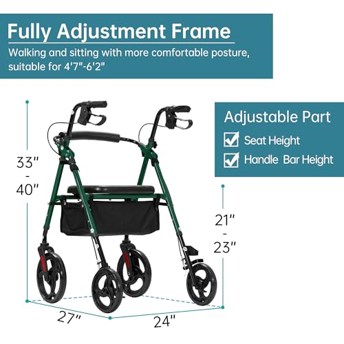 ELENKER Rollator Walker with 10?? Wheels, Sponge Padded Seat and Backrest, Fully Adjustment Frame for Seniors, Green - Image 6