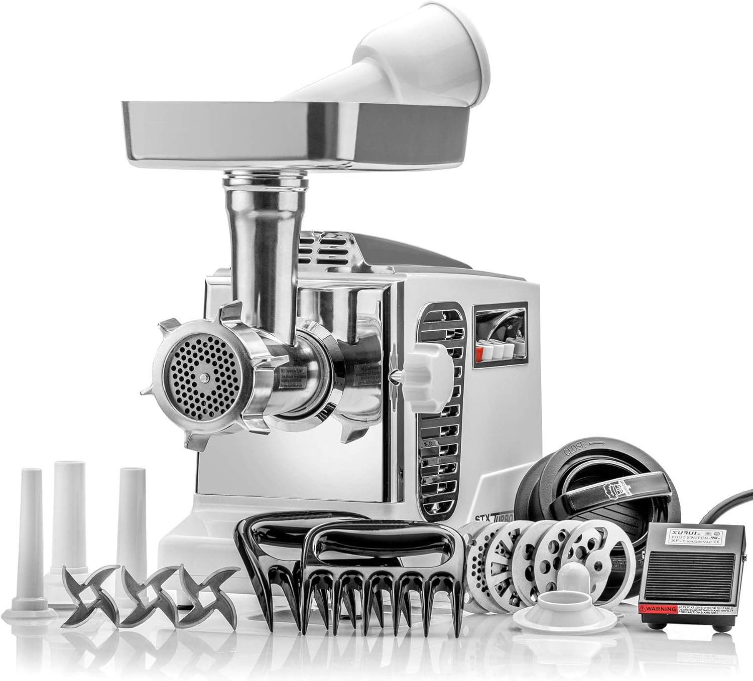 STX Turboforce IIPlatinum w/Foot Pedal Heavy Duty Electric Meat Grinder & Sausage Stuffer: 6 Grinding Plates, 3 S/S Blades, 3 Sausage Tubes, Kubbe, 2 Meat Claws, Burger-Slider Patty Maker – White - Image 2