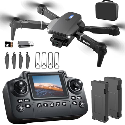 E88 Drone with Screen Controller with SD card, Foldable Mini Drone for Beginners, 2 Batteries, 360?? Flips Waypoint Fly, Active Obstacle Avoidance, One Key Take Off/Landing. (2 batteries – Black)