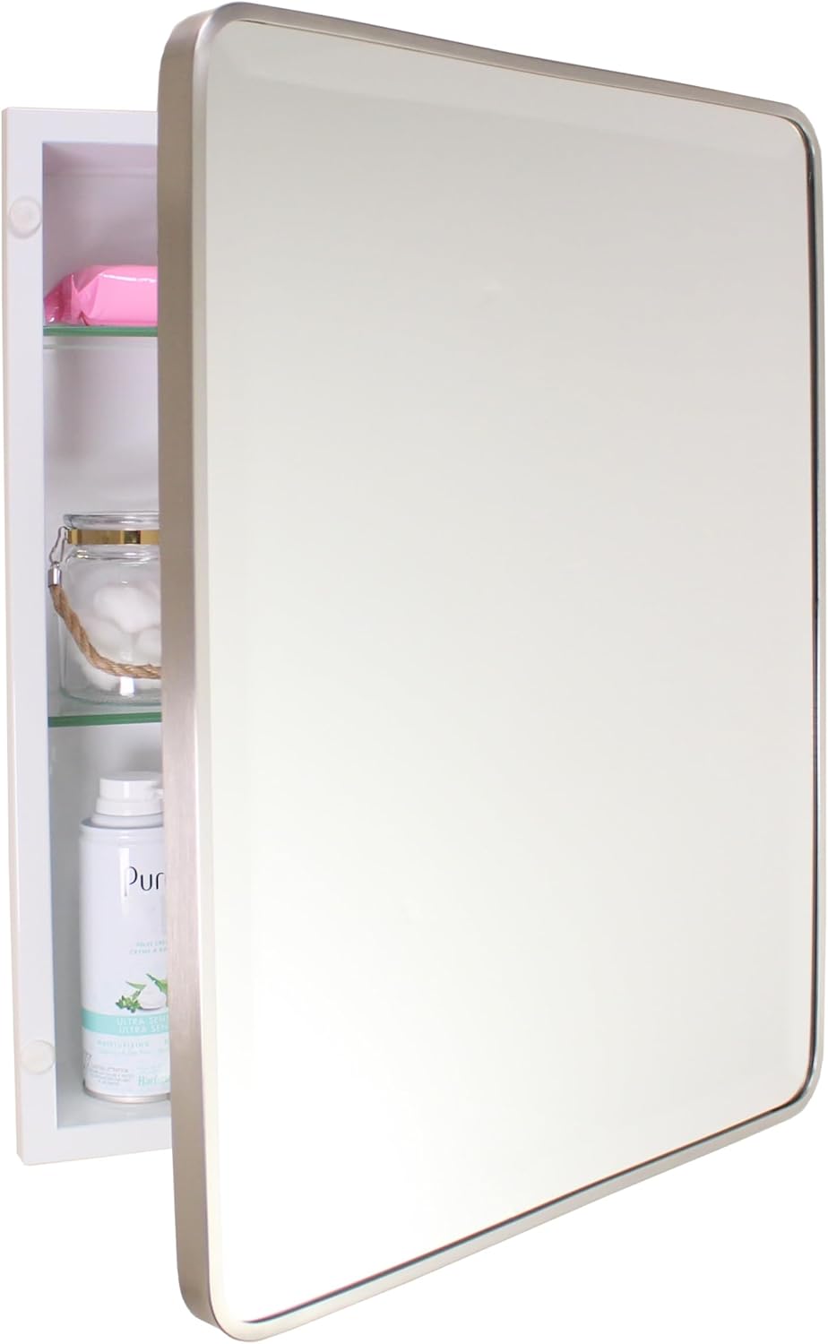 16×20 Austin Farmhouse Metal Framed Rounded Rectangle Recessed Bathroom Medicine Cabinet, Beveled Mirror, 14×18 in-Wall Opening, powder-coated Steel, Glass Shelves, Magnet Close, Brushed Nickel