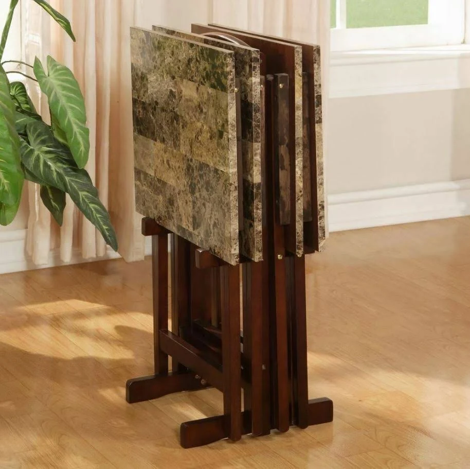 TV Tray Table 4 Piece Set with Stand – Faux Marble and Dark Brown