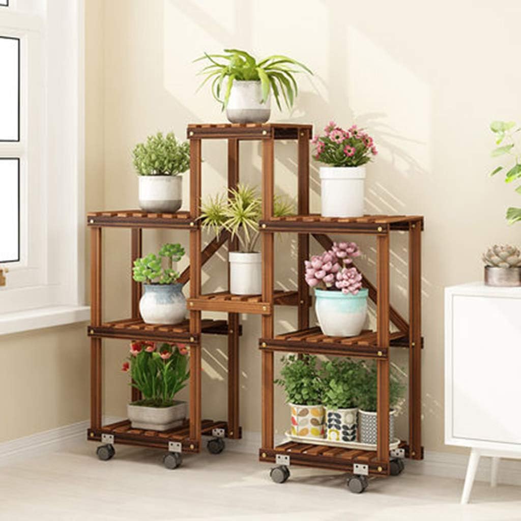 Storage Shelves Flower Pot Holder Wooden Shelving Plant Display Stand Carbonized Potted Rack 5 Tier with Wheels Floor Shelf for Indoor Outdoor Garden Decoration - Image 3