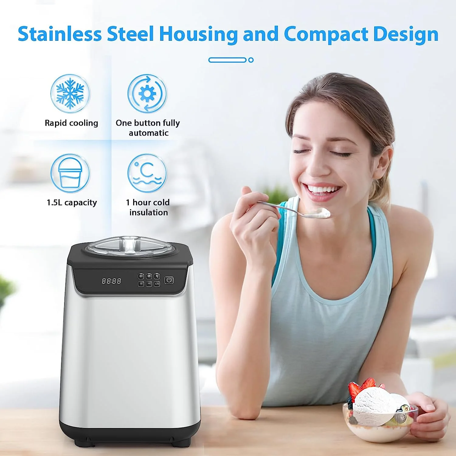 KISSAIR Upright Ice Cream Maker, Homemade Ice Cream Maker for Kids, Stainless Steel Machine with LED Display, 3 Modes for Gelato, Frozen Yogurt, Sorbet, 1.5L - Image 3
