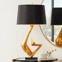 Possini Euro Design Zeus Mid Century Modern Glam Luxury Table Lamp 28.5 Tall Sculptural Gold Leaf Metal Black Fabric Tapered Drum Shade Decor for Living Room Bedroom House Bedside Nightstand Home