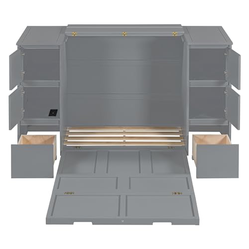 Twin Size Murphy Beds with Charging Station and Storage Drawers, Wood Cabinet Bed Frame, Wall Bed with Outlet & USB Ports for Home Office Studio, White - Image 27