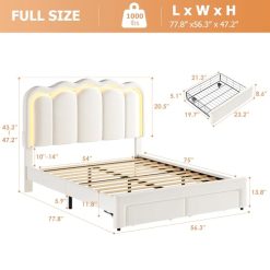Alternative view of Twin Upholstered LED Bed Frame with Storage Drawer and Adjustable Chic Double Wavy Headboard, Velvet Princess Platform Bed for Kids/Girls, Solid Wood Slats Support, No Box Spring Needed, Beige