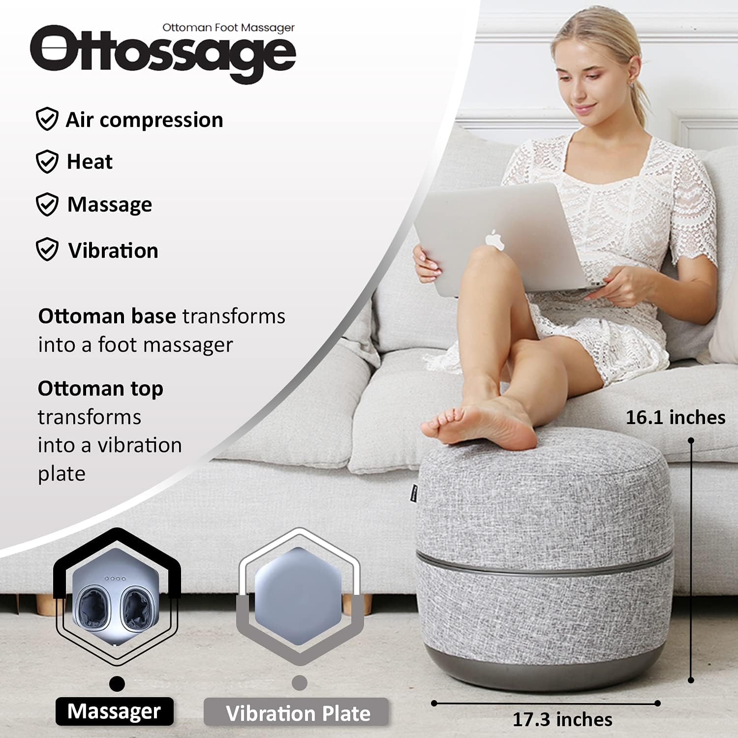 Ottoman Foot Massager by Ottossage, Massaging Ottoman with Removable Lid Provides Air Compression, Shiatsu kneading, Intense Vibration and Heat Therapy. Extra Powerful with Upgraded li-ion Battery. - Image 2