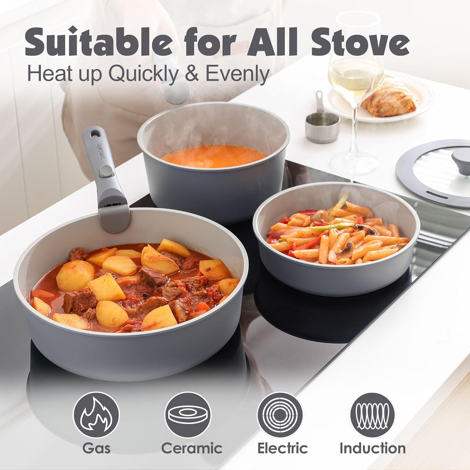SENSARTE 17 Piece Ceramic Pots and Pans Set, Nonstick Detachable Handle Cookware, Induction Kitchen Cookware Set with Removable Handle, Dishwasher ?? Oven Safe (Gray) - Image 12