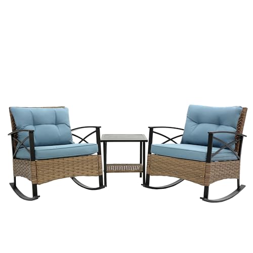 Outdoor Wicker Rocking Chairs Patio – 3 Pieces Patio Furniture Rattan Rocker Chairs Wicker Rocking Bistro Set with Cushions and Side Table for Garden Patio Yard Porch Lawn Balcony (Blue) - Image 3