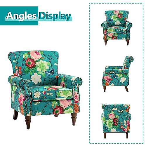 HULALA HOME Modern Wingback Accent Chair with Wood Legs & Removable Cushion, Comfy Upholstered Armchair with Nailhead Trim, Floral Pattern Single Sofa Chair for Living Room Bedroom, Blue - Image 26