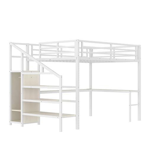 SOFTSEA Queen Size Metal Loft Bed with L-Shaped Desk and Wardrobe, Metal Bed Frame with USB and Adjustable Shelf, High Loft Bed with LED for Bedroom, No Box Spring Needed, White Wood Grain - Image 6