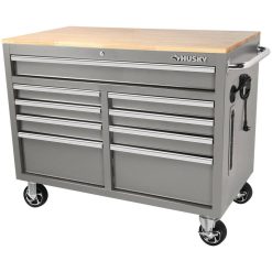 Husky 46 in. W x 24.5 in. D 9-Drawer Gloss Gray Deep Tool Chest Mobile Workbench with Hardwood Top