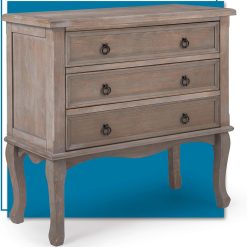 ClickDecor Thomas Antique Country Style Dresser Chest with 3 Drawers, Weathered Wood Nightstand Living Room Accent Furniture, Black Ring Handle, Curved Legs, Gray