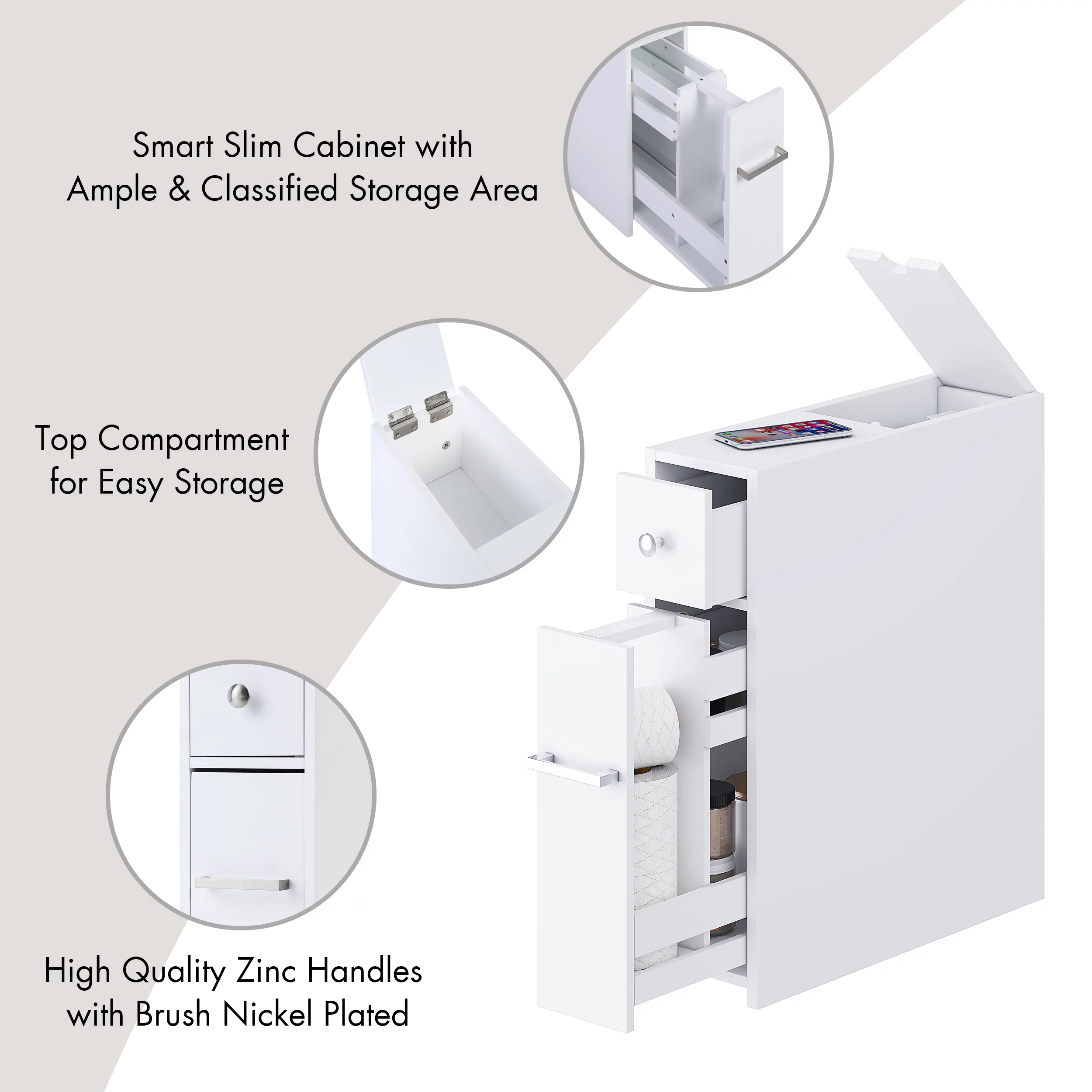 Spirich Home Slim Bathroom Storage Cabinet, Free Standing Toilet Paper Holder, Bathroom Cabinet Slide Out Drawer Storage,White - Image 6