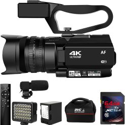 Video Camera 4K HD Auto Focus Camcorder 48MP 60FPS 30X Digital Zoom Camera for YouTube LED Function 4500mAh Battery with Handheld Stabilizer, Remote Control,Microphone and 64G SD Card