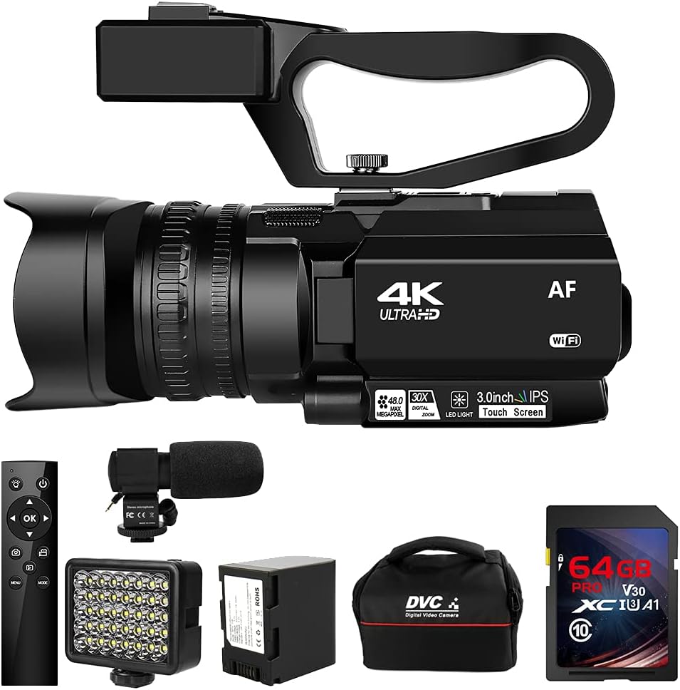 Video Camera 4K HD Auto Focus Camcorder 48MP 60FPS 30X Digital Zoom Camera for YouTube LED Function 4500mAh Battery with Handheld Stabilizer, Remote Control,Microphone and 64G SD Card