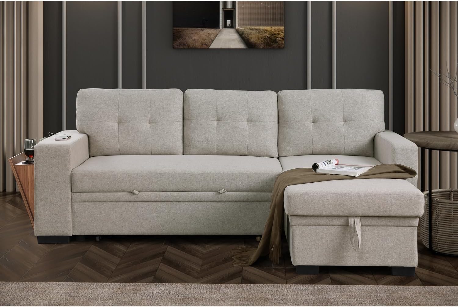 Devion Furniture 92 W Modern L-Shaped Polyester Fabric Upholstered Reversible Side Compartment Sleeper Sectional Sofa Bed with Chaise in Light Gray Finish - Image 4