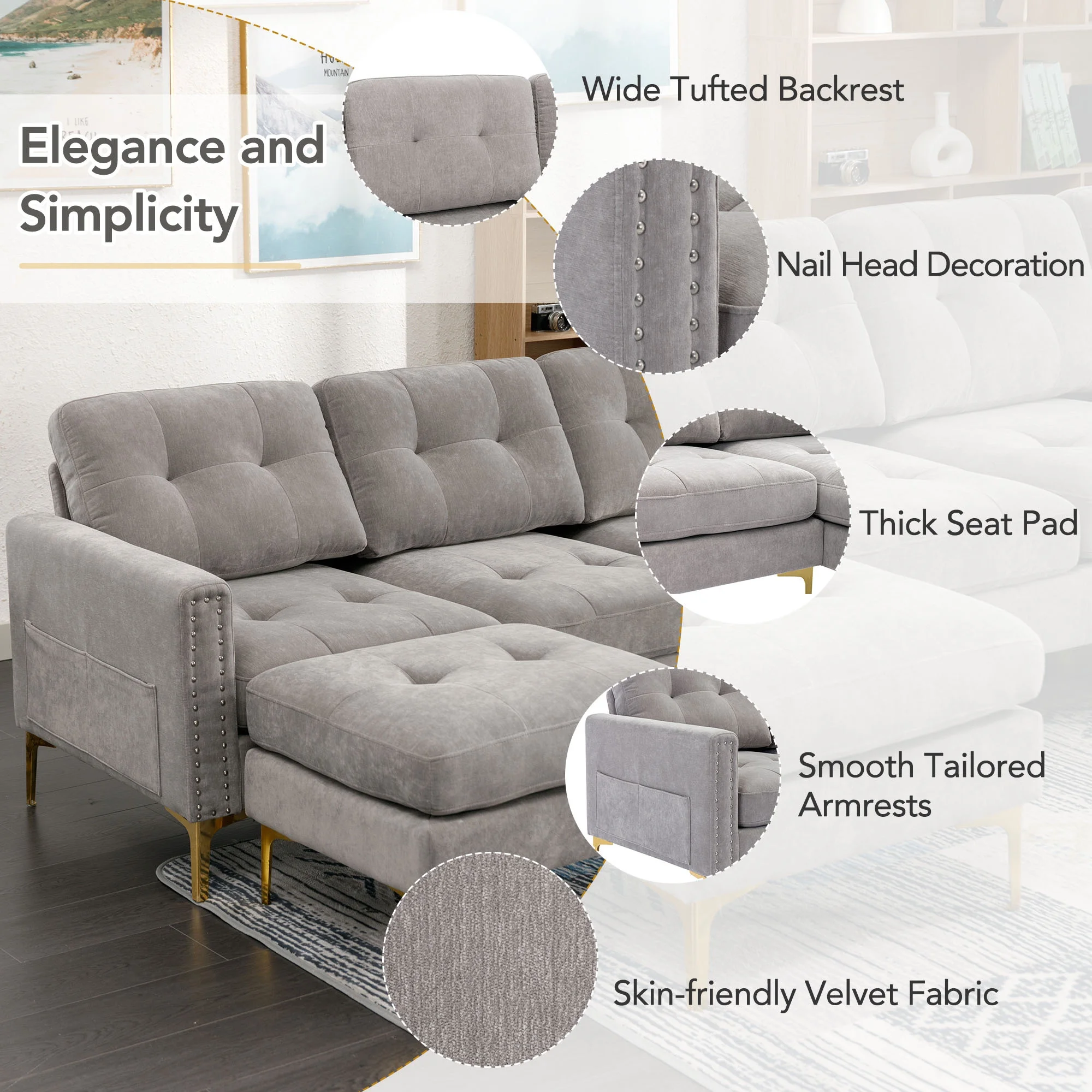 Soges U-Shaped Sectional Sofa with Ottoman, Convertible Couch for Living Room, 5 Seater Sofa, Gray, 110×54 - Image 6