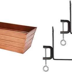 ACHLA DESIGNS Copper Plated Large Flower Box with Black Railing Clamp Brackets, 35.5 Window Box Planter