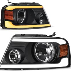 AUTOSAVER88 Switchback LED Tube Headlights Assembly Compatible with 2004 2005 2006 2007 2008 Ford F150 F-150 DRL Headlamp Replacement Pair with Amber Reflector