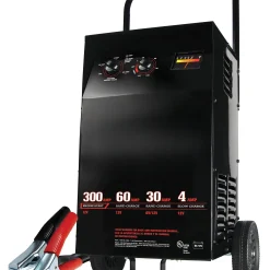 Electric Wheeled Battery Charger and Engine Starter, 2-in-1, manual timer control, 300 crank amps, 6 volts, 12 volts, for car, SUV, truck and Marine batteries