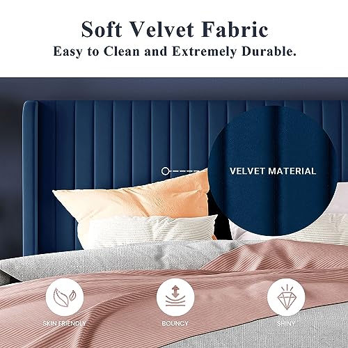 Allewie Queen Size Velvet Bed Frame/Vertical Channel Tufted Wingback Headboard/Upholstered Platform Bed/Strong Wooden Slats/No Box Spring Needed/Easy Assembly/Black - Image 67