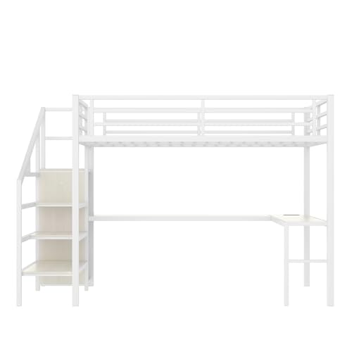 SOFTSEA Queen Size Metal Loft Bed with L-Shaped Desk and Wardrobe, Metal Bed Frame with USB and Adjustable Shelf, High Loft Bed with LED for Bedroom, No Box Spring Needed, White Wood Grain - Image 3