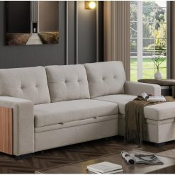 Devion Furniture 92 W Modern L-Shaped Polyester Fabric Upholstered Reversible Side Compartment Sleeper Sectional Sofa Bed with Chaise in Light Gray Finish