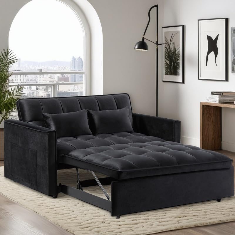 3 in 1 Sleeper Sofa Bed, Futon Sofa Bed for Living Room with Side Pocket, Black Sleepers Sofa Couch with Pullout Bed, Convertible Love Seat Sleepers Bed for Living Room, Bedroom, Small Space - Image 2