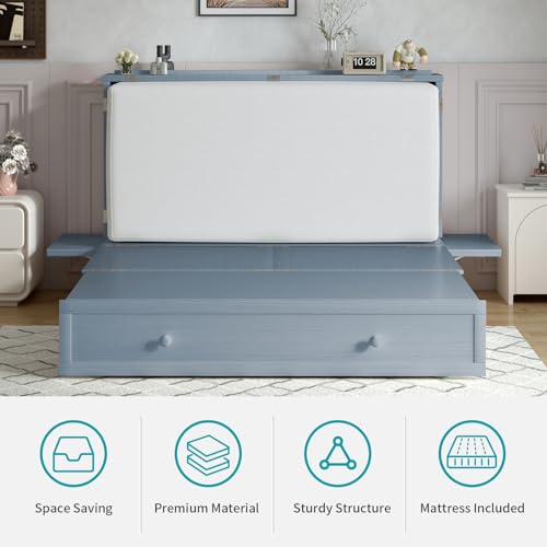 BALUS Murphy Bed Cabinet,Queen Murphy Bed with Tri-fold Mattress & USB Charging Station,Modern Wall Chest Beds with Folding Night Stand Trays and Storage Drawers for Bedroom Living Room,Grey-Blue - Image 31