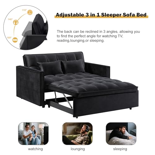3 in 1 Sleeper Sofa Bed, Futon Sofa Bed for Living Room with Side Pocket, Black Sleepers Sofa Couch with Pullout Bed, Convertible Love Seat Sleepers Bed for Living Room, Bedroom, Small Space - Image 15
