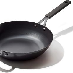 OXO Obsidian Pre-Seasoned Carbon Steel, 12 Wok Pan with Removable Silicone Handle Holder, Induction, Oven Safe, Black