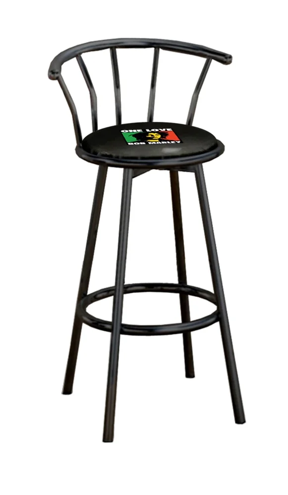 The Furniture King Bar Stool 29 Tall Black Metal Finish with a Music Themed Decal (Bob Marley – Black)