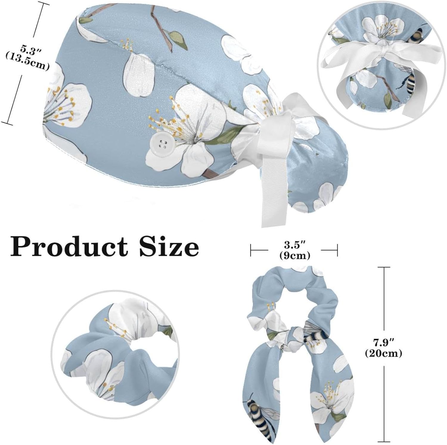 Scrub Surgical Hat,Cycling Hat with Buttons and Cotton Sweatband,Bee and Spring Blossom - Image 2
