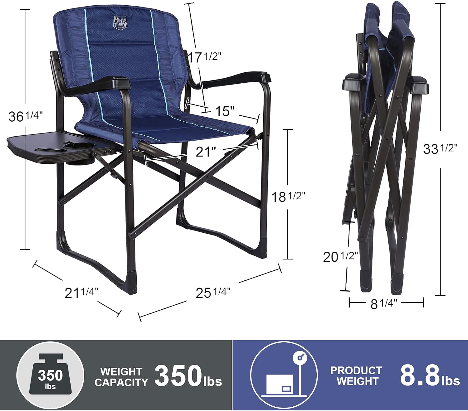 TIMBER RIDGE Lightweight Directors Chair with Side Table, Portable Camping Chair with Swivel Back for Camping and Outdoors, Heavy Duty Supports 350 lb - Image 4
